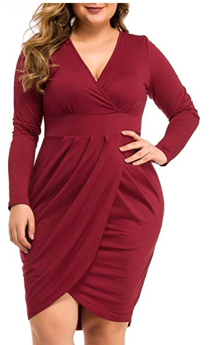 amazon red bodycon dress Final Sale Plus Size Faux Wrap Fringe Shoulder BodyCon Dress in Red